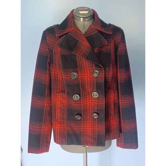 Old Navy Womens Jacket Size Medium Red Plaid Double Breast Blazer Coat Buttons - Picture 1 of 10